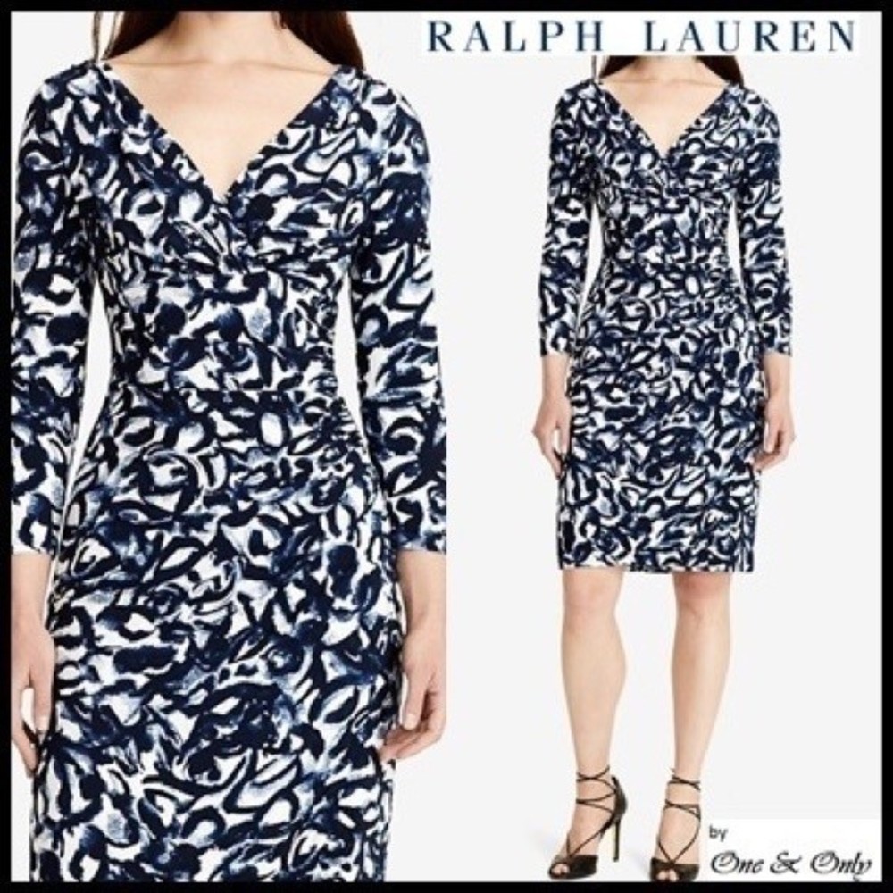 Lauren Ralph Lauren Blue White Faux Wrap Dress 14